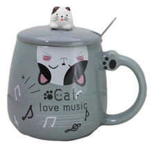 Grey Calico Cat Love Music Coffee Mug Cup With Spoon And Kitten Knob Lid 15oz - £14.14 GBP