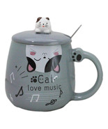 Grey Calico Cat Love Music Coffee Mug Cup With Spoon And Kitten Knob Lid... - $17.99