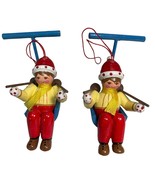 2 Vintage K.W. Taiwan Skiers on Ski Lift Christmas Ornament Yellow Scarf... - £14.15 GBP