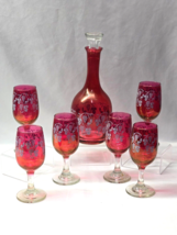 WEST VIRGINIA GLASS Ruby Red Cranberry Glass Decanter &amp; 6 Glasses Grape ... - $69.97