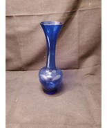 Vintage Cobalt Blue Bulbous Base Art Glass Bud Vase, Etched Flower Patte... - £8.96 GBP