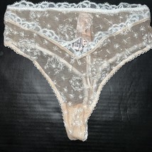 Victoria&#39;s Secret S,M HIGH-WAIST THONG BEIGE white dandelion embroidered... - $29.69
