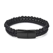 Leather Bracelet Natural Lava Stone Beads Bracelet for Men Multilayer Braided Ro - £17.42 GBP