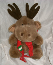 12&quot; VINTAGE ENESCO BROWN CHRISTMAS MOOSE STUFFED ANIMAL PLUSH TOY W/ RED... - £18.59 GBP
