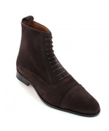Handmade Cap Toe Lace Up Boot, Men&#39;s Dark Brown Color Suede Ankle High Boot - $159.00