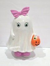 Summerween Halloween Ghost Pink Bow Holding Jack o Lantern Figurine Statue - $36.99