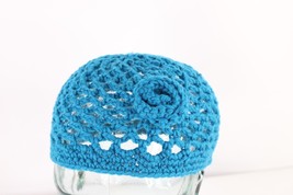 NOS Vtg 70s Streetwear Crochet Wool Knit Flower Skull Beanie Hat Blue Womens OS - £31.61 GBP