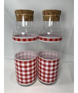 2 Vintage Round  Clear Glass Red White Gingham Jar Jars W/ Cork Lid RETR... - €20,78 EUR