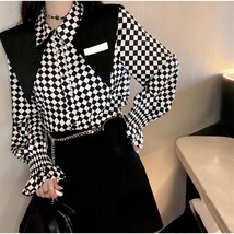 KOSAHIKI Harajuku Checkerd Long Sleeve Blouse Women 2022 Japanese Style Loose Tu - £43.86 GBP
