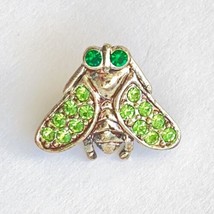 Vintage Bee Fly Bug Green Rhinestone Silver Tone Pinback Lapel Lanyard H... - $12.95