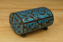 Vintage Asian Art Chinese Brass Blue Enamel Oval Footed Jewelry Trinket Box - £97.30 GBP