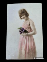 Pretty in Pink Vintage Postcard Lady with Flowers  Dutch 1924 Postmark Rotterdam - £4.25 GBP