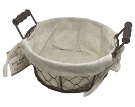 Chicken Wire Round Basket Muslin Liner Wood Handles Country Primitive Farmhouse - £11.83 GBP
