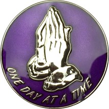 Praying Hands One Day at A Time Purple Silver Plated Medallion Sobriety Chip - £9.48 GBP