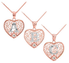 10K Two Tone Rose Gold Filigree Heart Letter Initial CZ Pendant Necklace - £84.74 GBP