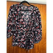 Banana Republic Black Floral Wrap V Neck Tie Waist Ruffle Hem Top Size S - $18.52