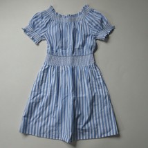 NWT J.Crew Smocked Puff-sleeve in Blue Cotton Poplin Stripe Dress XXS - £35.17 GBP