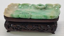 *C4) Antique Chinese Carved Jade Stone Lotus Pod Dish on Wooden Base - $272.24