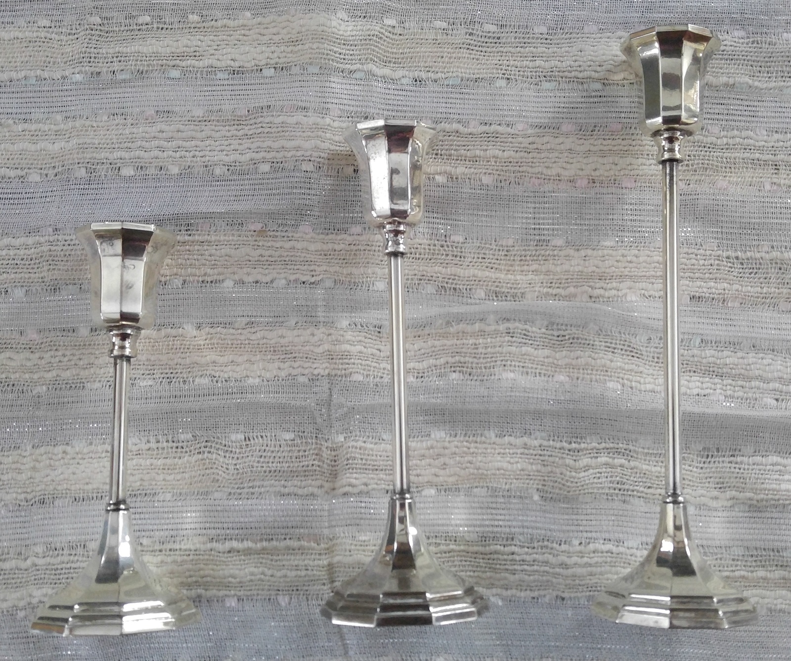 Primary image for Set of Three Sheffield Silverplate Candlestick Holders / Art Deco Style / Signed