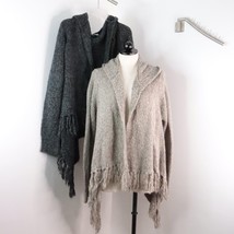 2pc BandolinoBlu Womens L Gray Beige Chunky Fringe Knit Hooded Cardigan Sweaters - £16.03 GBP