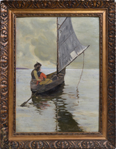 Couple in Love on Sailboat in Calm Seascape early 20 century Oil Painting Framed - £144.76 GBP