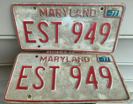 Vtg 1977 EST 949  Maryland Vehicle License Plate Pair Set of 2 Red And W... - £31.65 GBP