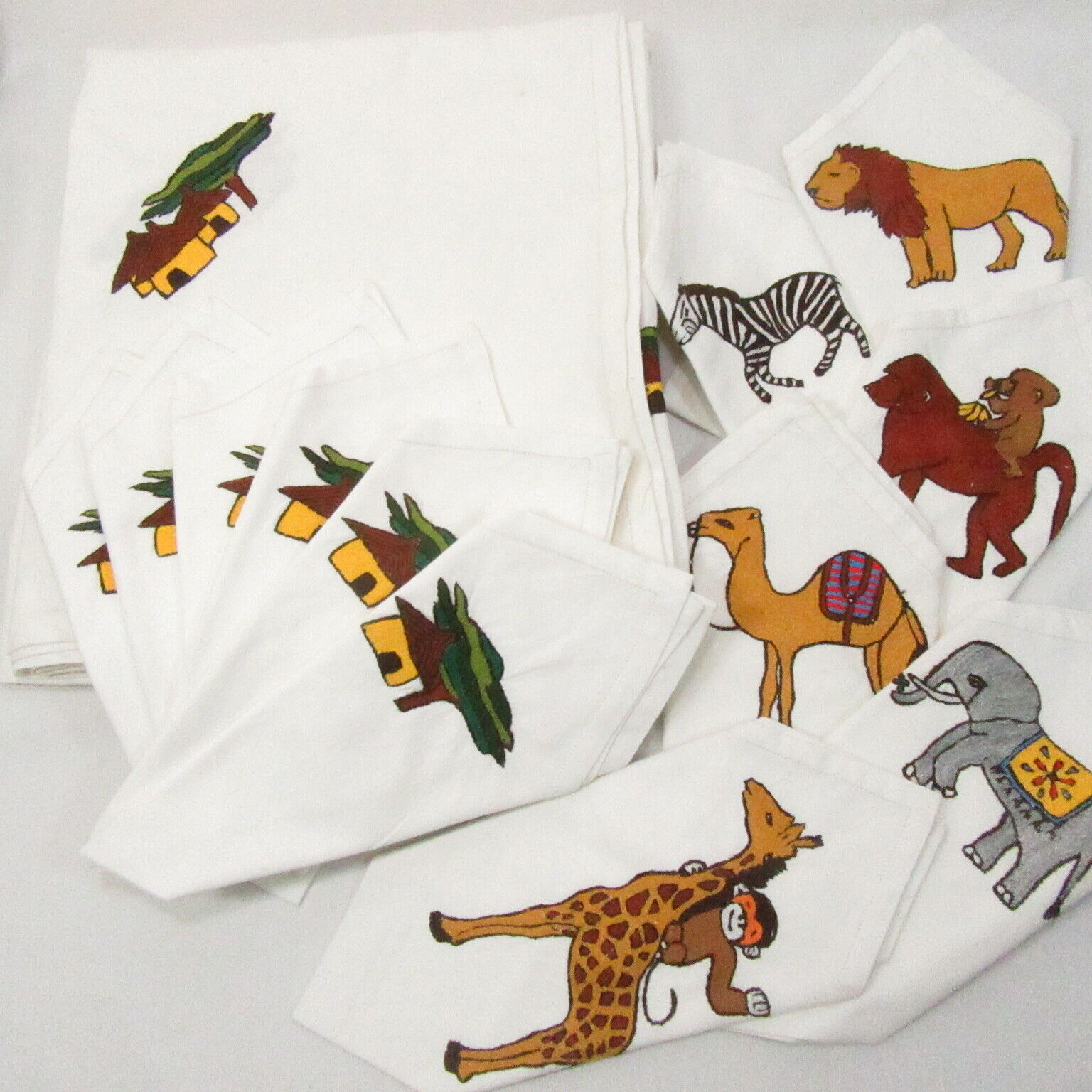 Primary image for Embroidered Safari Animals White 13-PC 58 x 99 Oblong Tablecloth and Napkins
