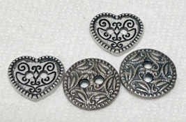 4 Silver Tone Metal Round &amp; Hearts Buttons w Scrolly Designs 5/8 inches - $6.44