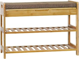 C&amp;Ahome Shoe Bench Bamboo, 3-Tier Shoe Organizer With Cushion,, Natural ... - $46.92