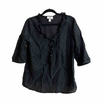 Ann Taylor Loft Womens Blouse Size Medium Black Sheer 3/4 Sleeve V Neck Ruffle - £11.89 GBP