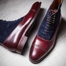 NEW  Handmade Blue Burgundy Ankle High Lace Up boot, Men&#39;s Leather Suede Cap Toe - £123.04 GBP