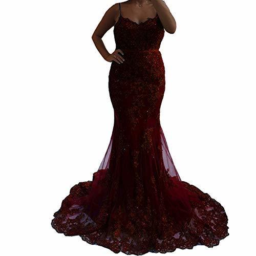 Spaghetti Mermaid Long Beaded Lace Appliques Prom Evening Dresses Burgundy US 16