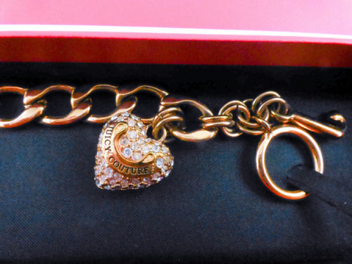 JUICY COUTURE Pave Crystal Puffy HEART CHARM Rose Gold Plated Link BRACELET-NWT - $52.00