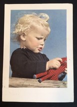 Vtg Portrait Style Real Photo Blonde Haired Child Playing with Toy 1953 German - £6.39 GBP