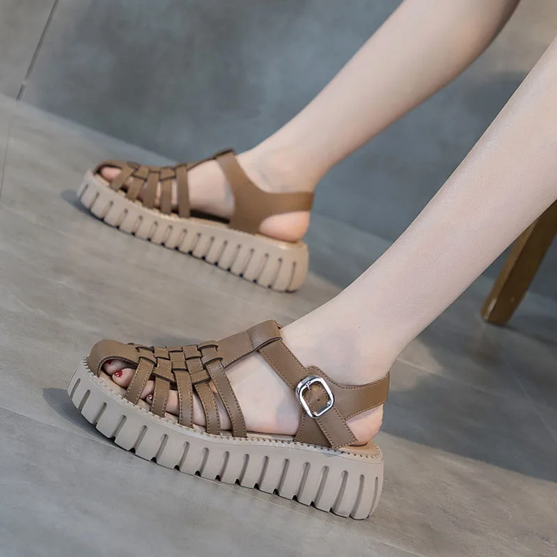 Handmade Weave Chunky Sandals Women Summer Genuine Leather Buckle Jagged... - $78.29
