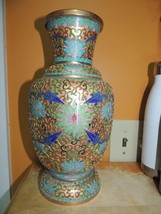 Vintage Cloisonne / Champleve 12&quot; Vase Brass / Copper blue green pink En... - $107.34 CAD