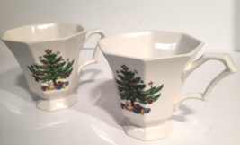 2 Christmas time Pedestal Mugs Nikko Octagonal Footed Holiday Tree Coffee Cups - £7.38 GBP