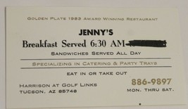 Jenny&#39;s Restaurant Vintage Business Card Tucson Arizona Golden Plate bc4 - £3.81 GBP