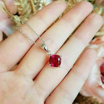 3Ct Cushion Cut Lab Created Pink Ruby Pendant Free Chain In 14K White Gold FN - £92.13 GBP