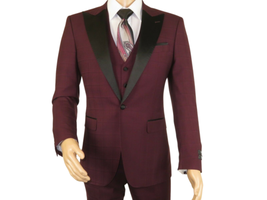 Men&#39;s Tuxedo Suit Light Wool Statement Vested Formal Wedding Alberto Wine - £59.25 GBP