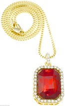 Square Stone Necklace Ruby Red with Crystal Rhinestones 24 Inch Long Box Chain  - £19.78 GBP