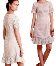 $188 Anthropologie French Lattice Dress 10 Large White Eyelet Nude Lining NWT - £48.23 GBP