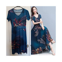 Simple Floral Dress   V-Neck Short Sleeve Blue Maxi Peacock Feathers A-Line - £15.72 GBP