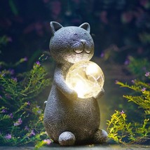 Solar Cat Statue Garden Decor - Cat Lover Gifts, With Gazing Solar Led L... - $49.39