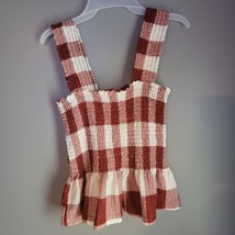 Gingham Smocked Peplum Tank Top Size Small NWOT Brown White Babydoll - £23.35 GBP