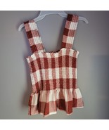 Gingham Smocked Peplum Tank Top Size Small NWOT Brown White Babydoll - £23.48 GBP