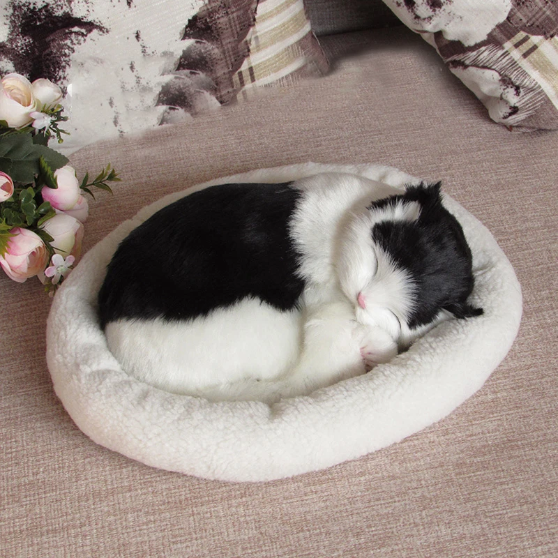 Realistic Black and White Cat Dog Breathing Sleeping Plush Toys Doll Electronic - £38.54 GBP