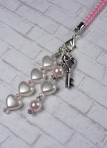 Heart Crystal Glass Handmade Cell Phone Charm Lanyard Strap Pink White New - $280.41 MXN