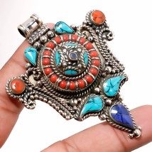 Lapis Lazuli Turquoise Red Coral Handmade Jewelry Pendant Nepali 2.80&quot; SA 1529 - £11.98 GBP