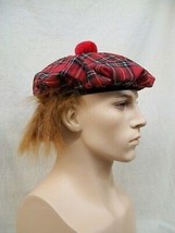 Fun Red Plaid Tam O Shanter Tartan Beret w/ Pom &amp; Fuzzy Hair Toorie Scottish Lad - $12.95